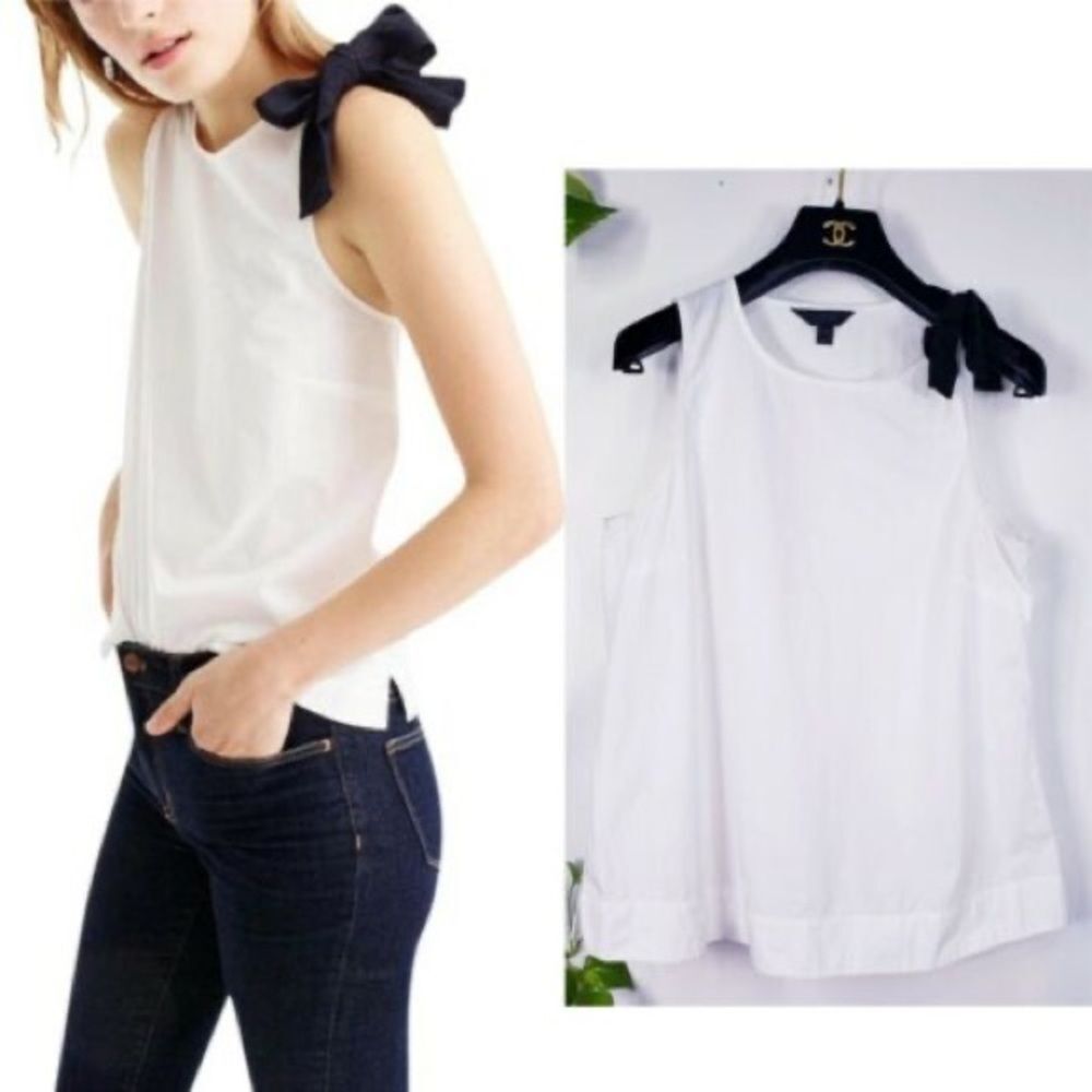 J. CREW White Cotton Black Bow Shoulder Sleeveless Tank Blouse Top